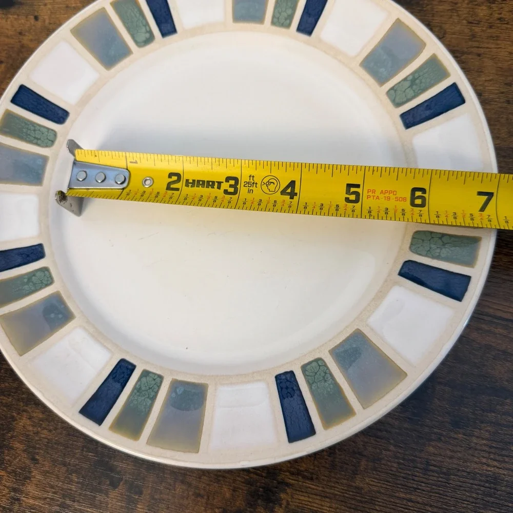 Food Network Salad Plate Stoneware Cream Blue Green Mosaic Tile Geometric 8.25in